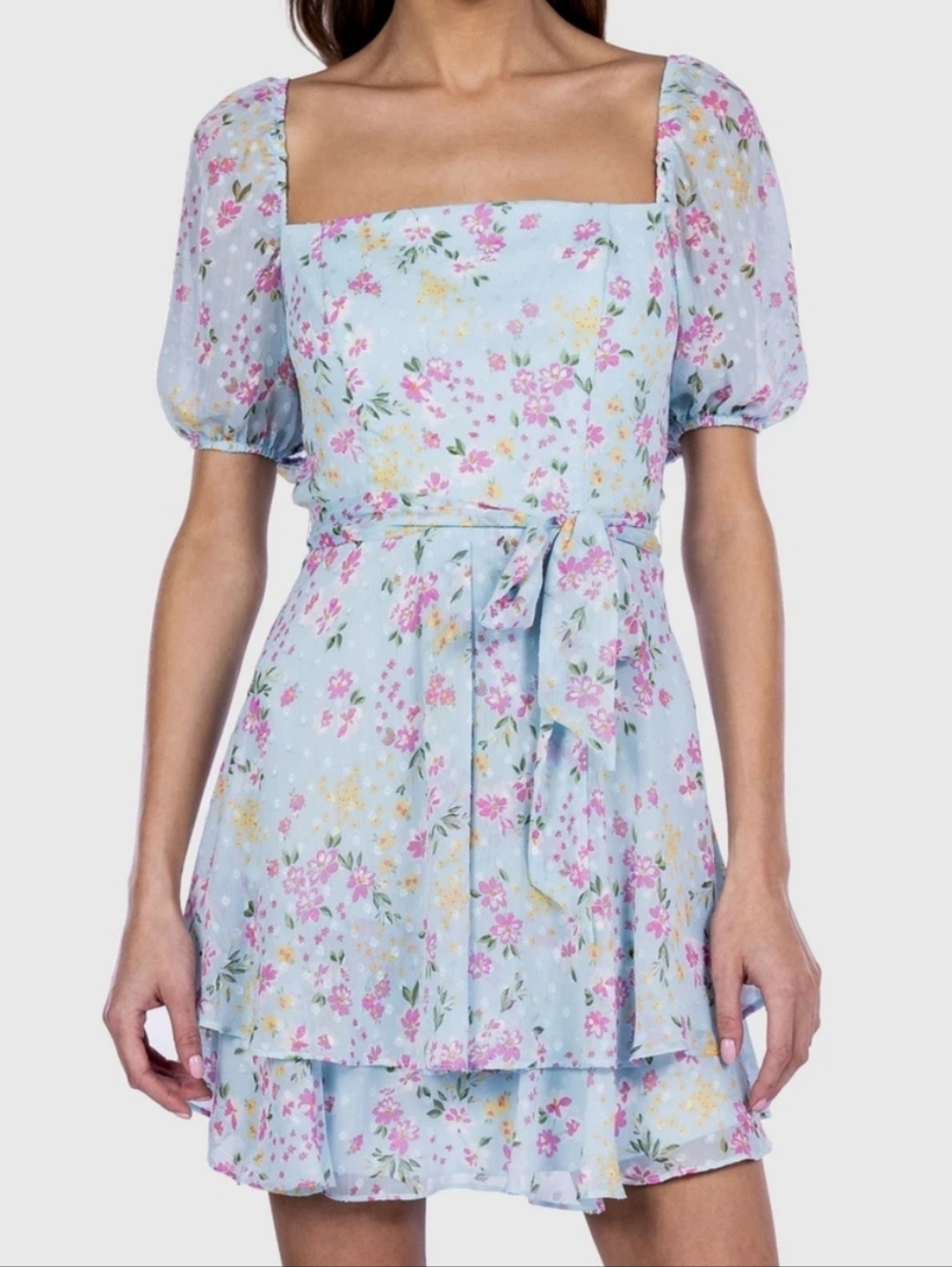 B Darlin Light Blue Floral Square-Neck Mini Dress with Puff Sleeves Size L 11/12
